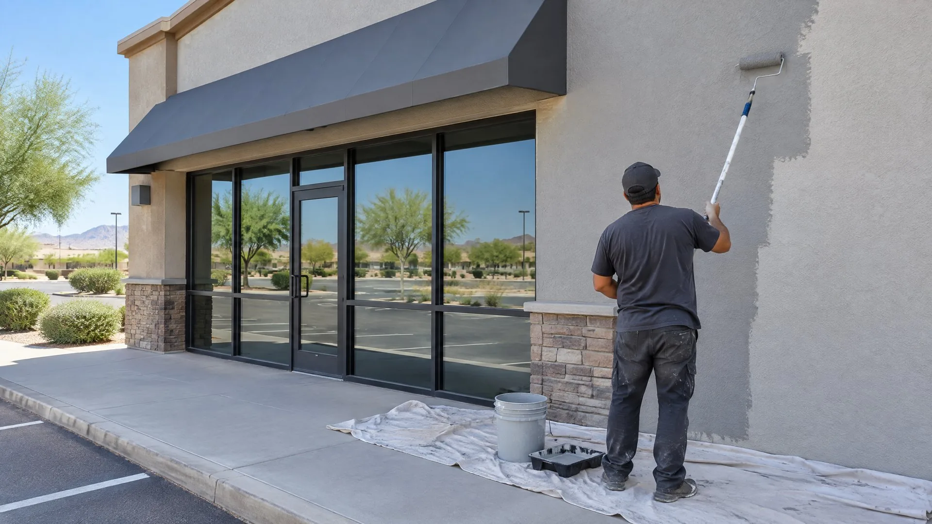 Commercial painting contractor painting a storefront exterior in Peoria, AZ.